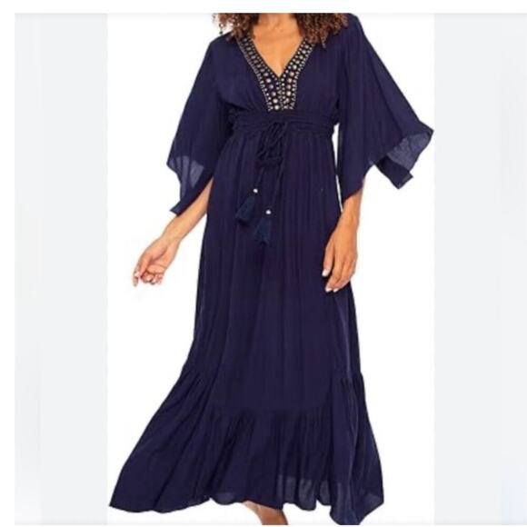 Back From Bali Dresses & Skirts - Back From Bali Blue V Neck with Embellishments Maxi Dress Short Sleeves Small